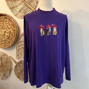 Vintage BonWorth Cat Embroidered Shirt Purple Cat Top XL